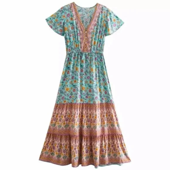 SOLD OUT Boho Gypsy Floral Short Sleeve Long Casual Dress - Picture 2 of 4